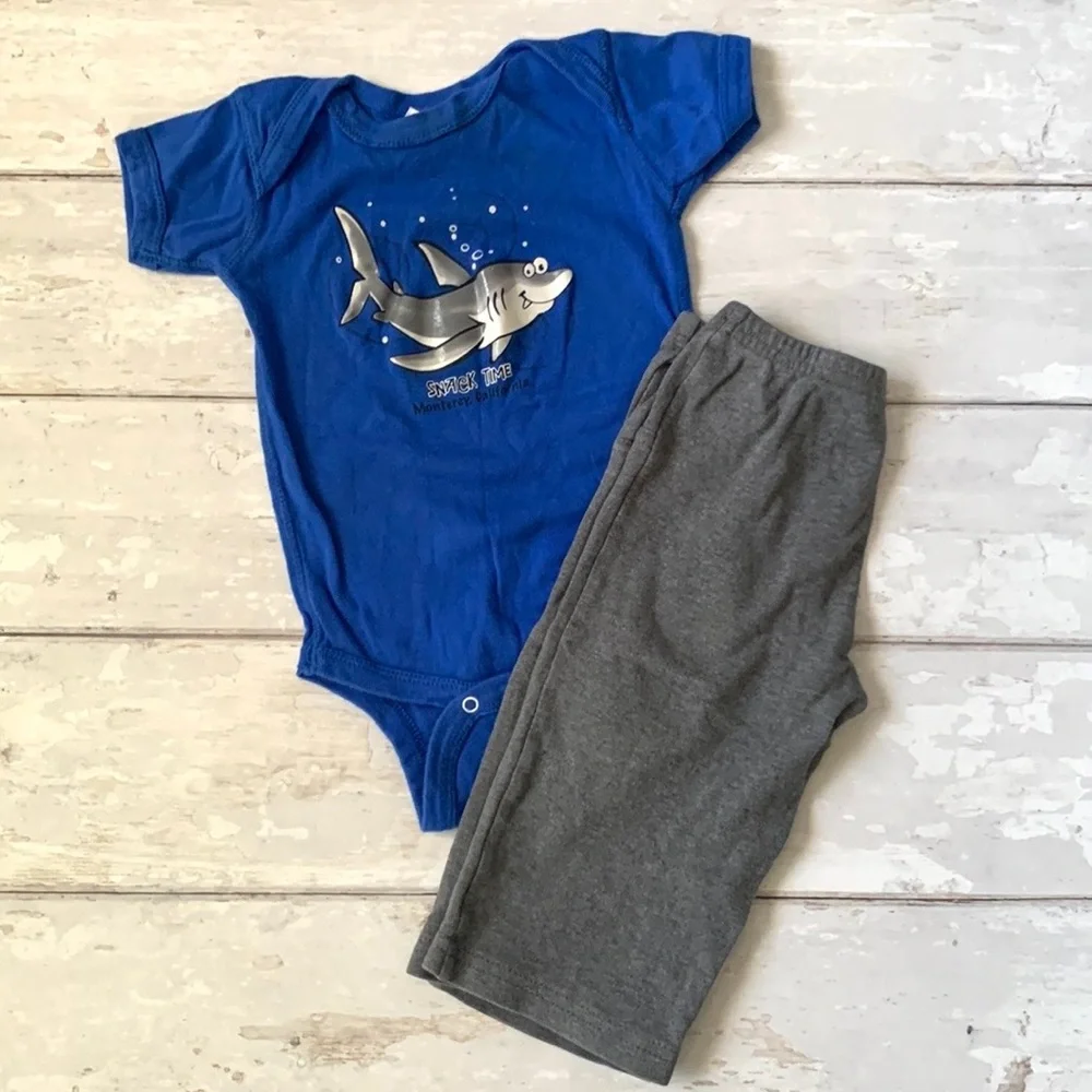Baby Boys 12m Shark Print Blue Onesie & Gray Pants Rabbit Skins 100% Cotton